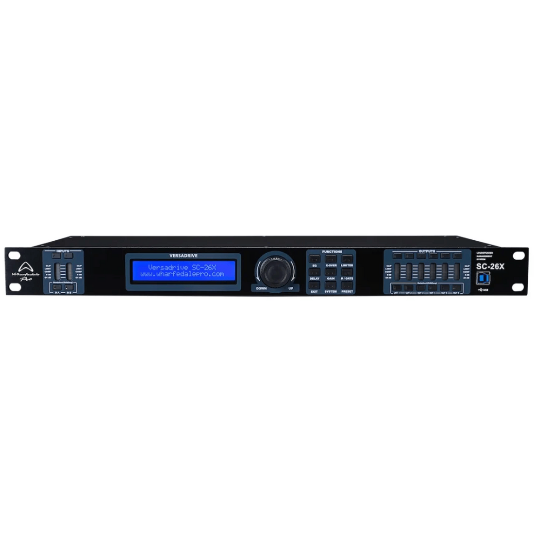 Black audio equipment with digital display on a white background