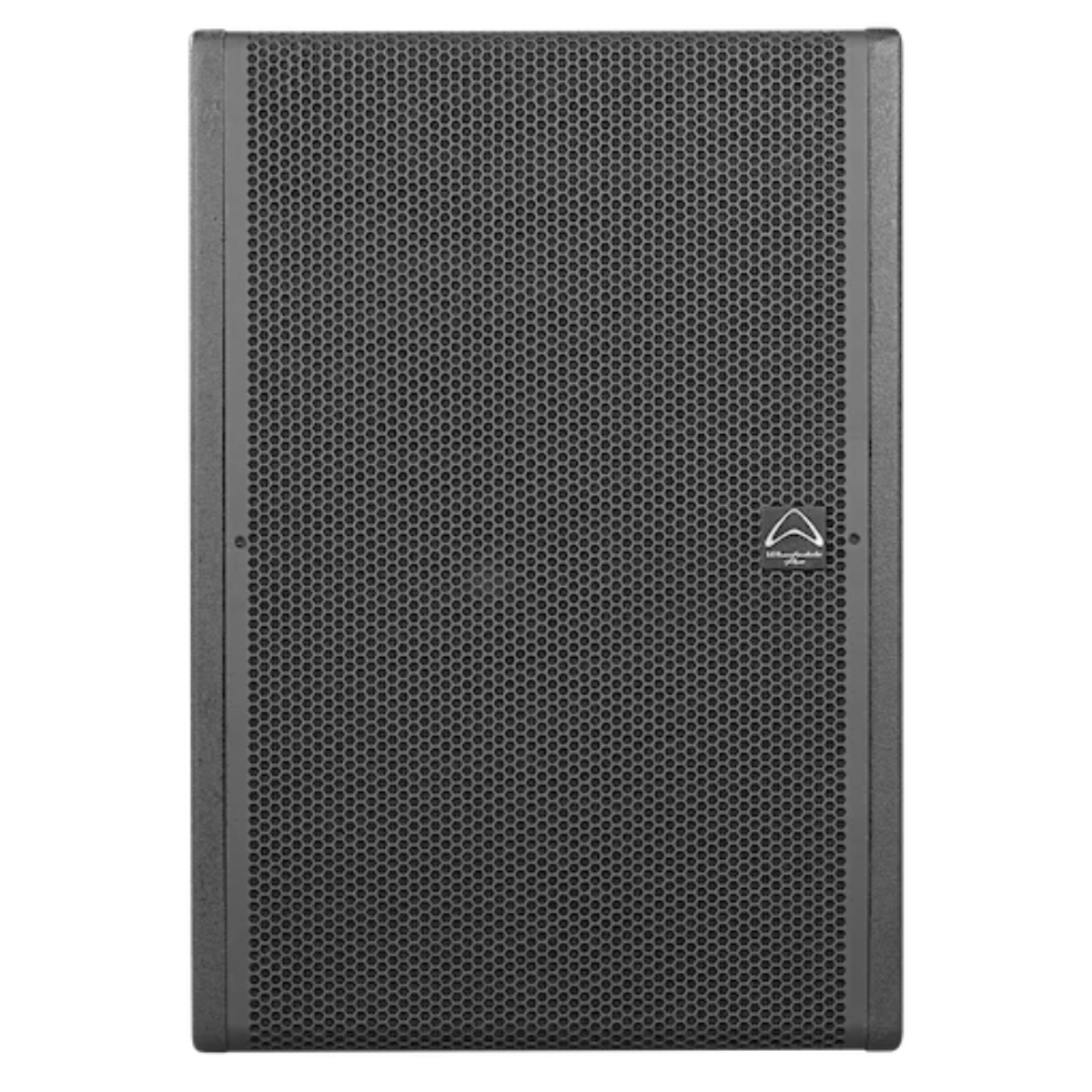 Black speaker with a brand logo on a white background