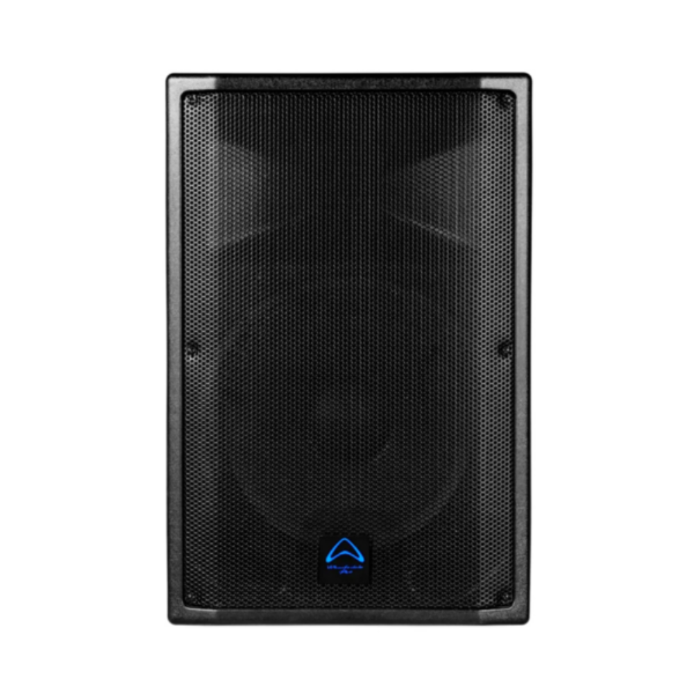 Black speaker with a brand logo on a white background