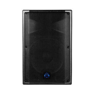 Black speaker with a brand logo on a white background