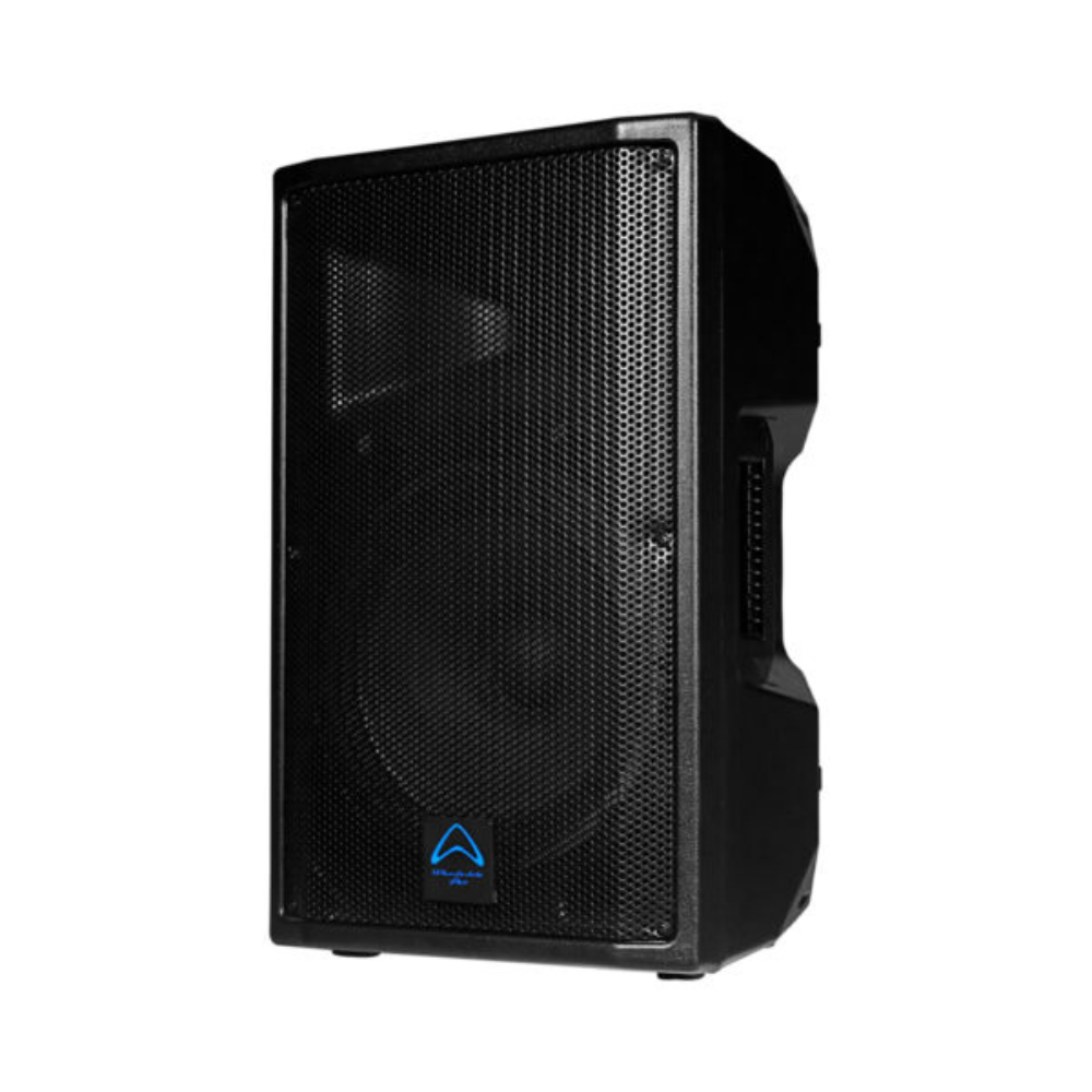 Black speaker with a brand logo on a white background