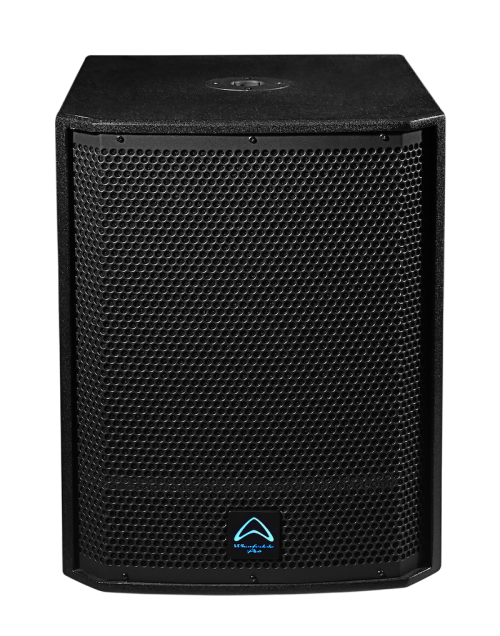 Black speaker with a brand logo on a white background