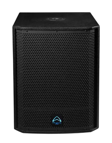 Black speaker with a brand logo on a white background