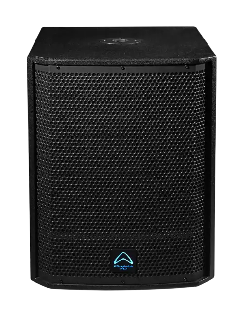 Black speaker with a brand logo on a white background