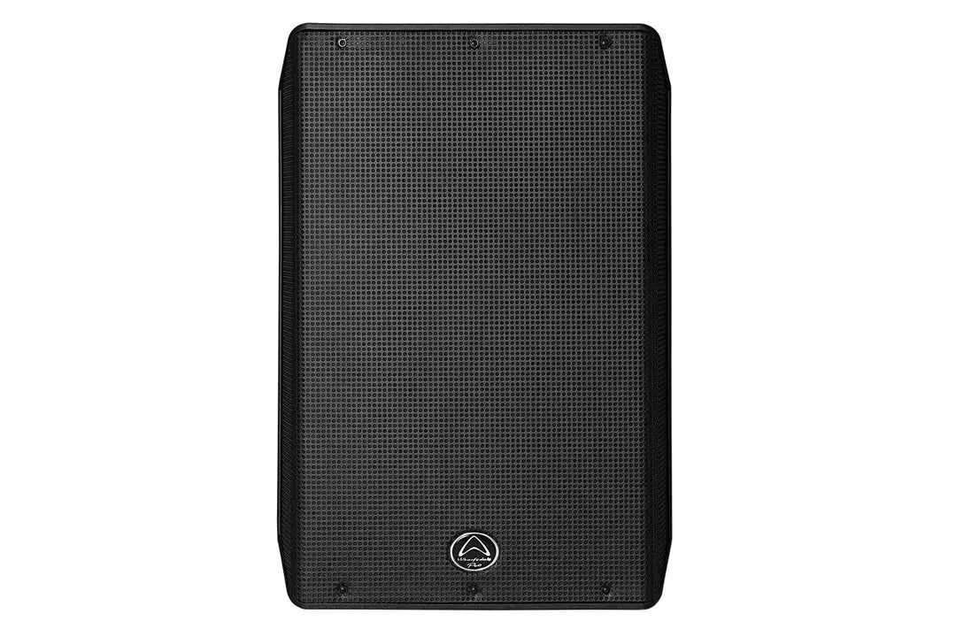 Black speaker with a brand logo on a white background