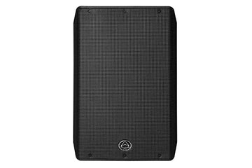 Black speaker with a brand logo on a white background