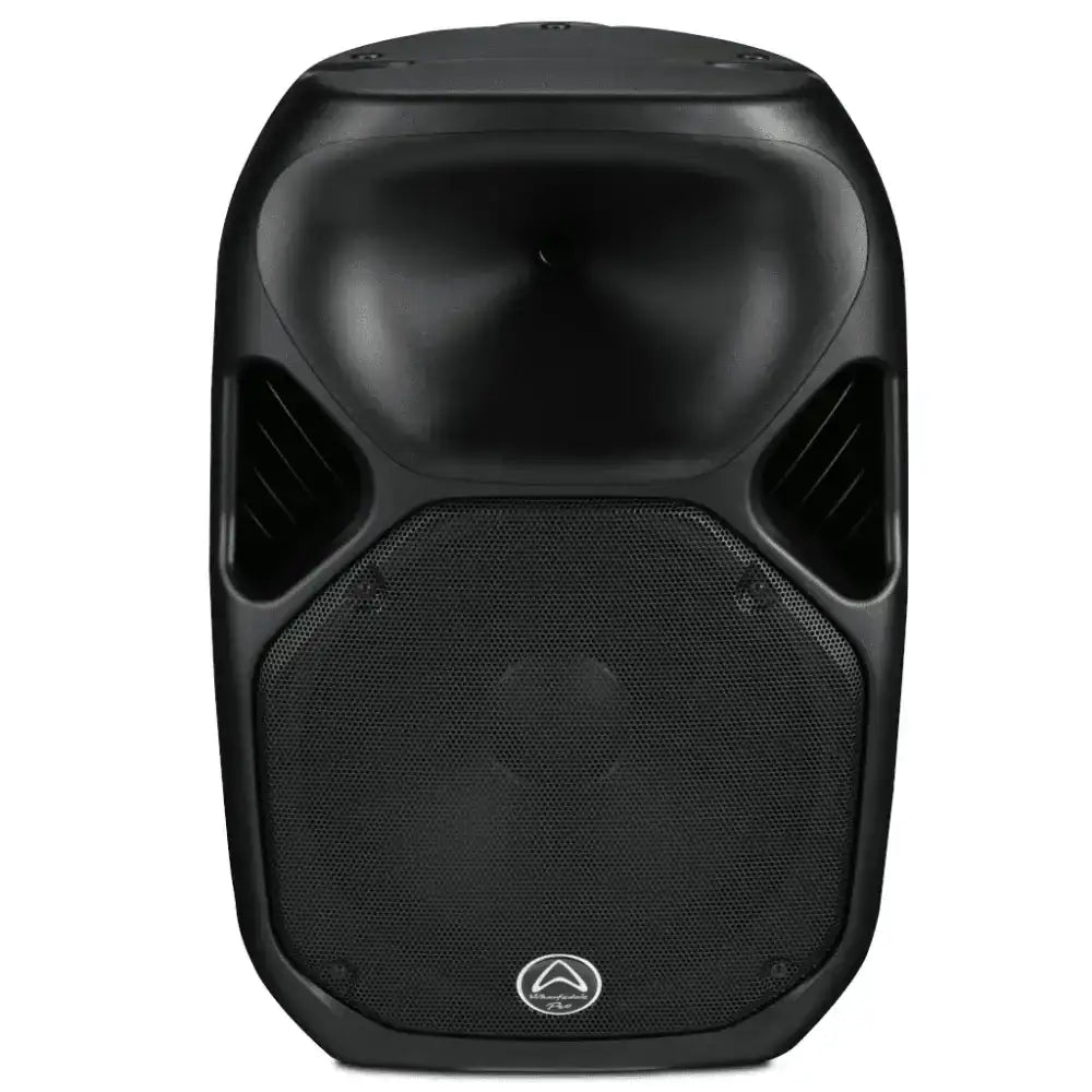 Black speaker with a brand logo on a white background