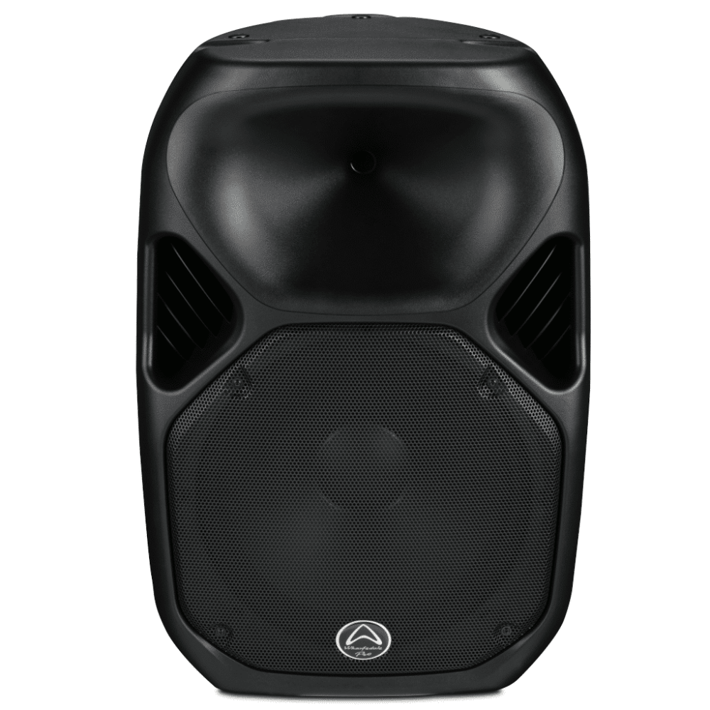 Black speaker with a brand logo on a white background
