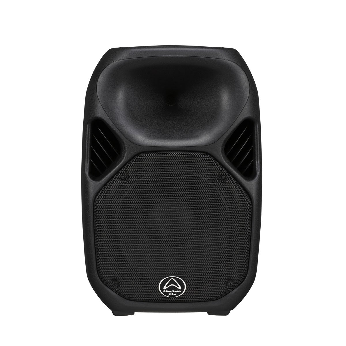 Black speaker with a brand logo on a white background