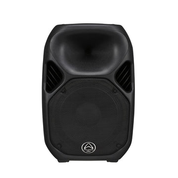 Black speaker with a brand logo on a white background