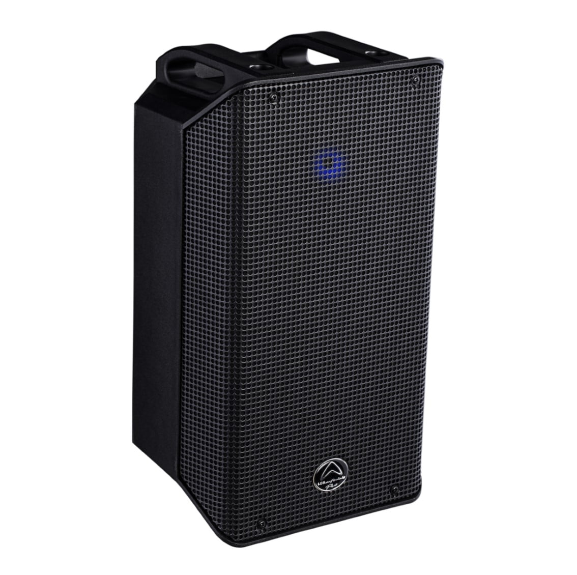 Black speaker with a brand logo on a white background