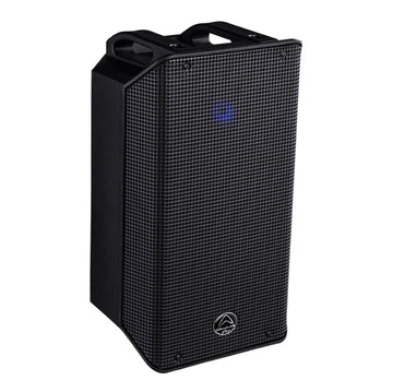 Black speaker with a brand logo on a white background