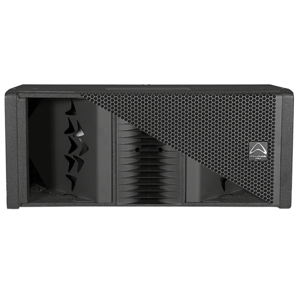 Black speaker with brand logo on a white background