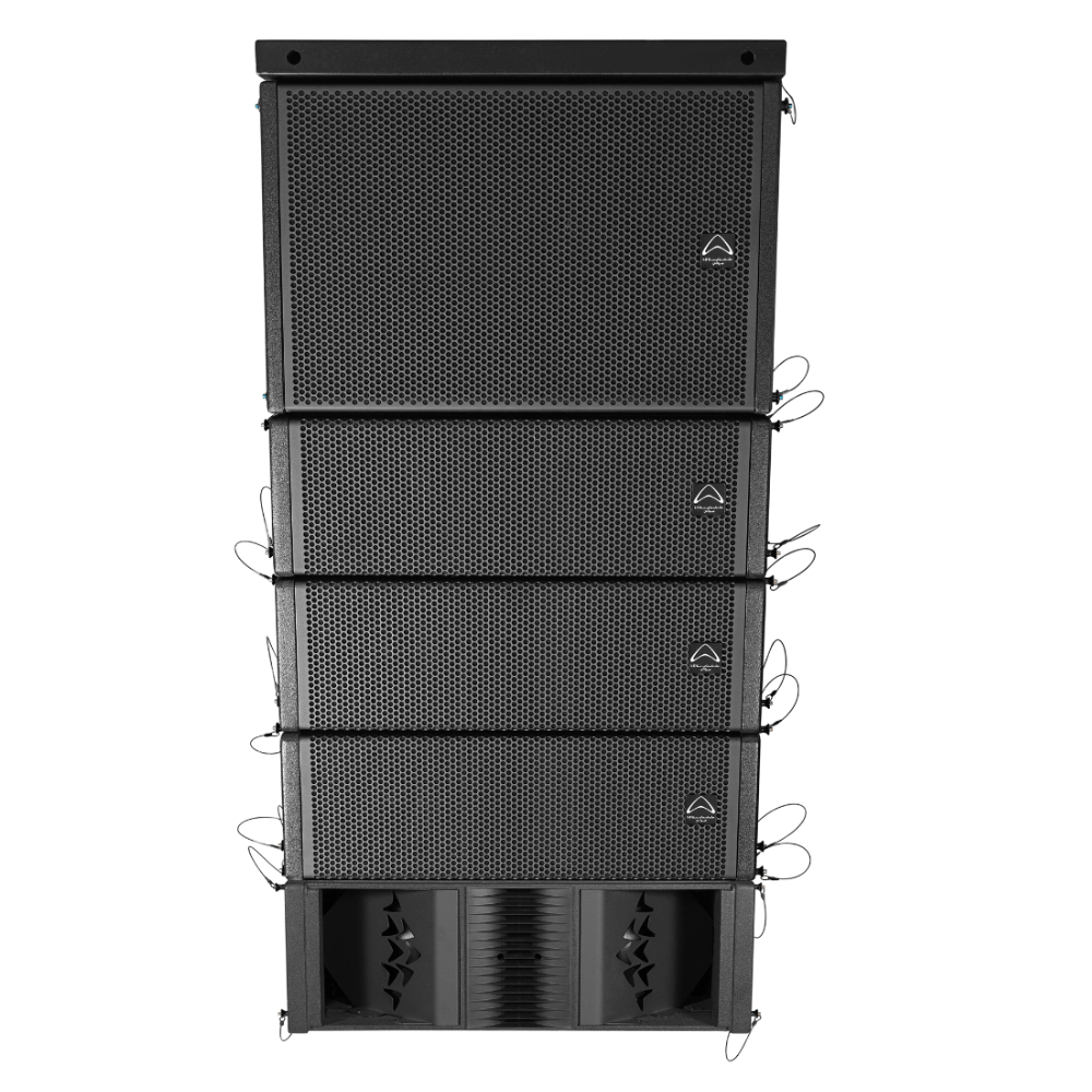 Black multi-layered speaker system on a white background