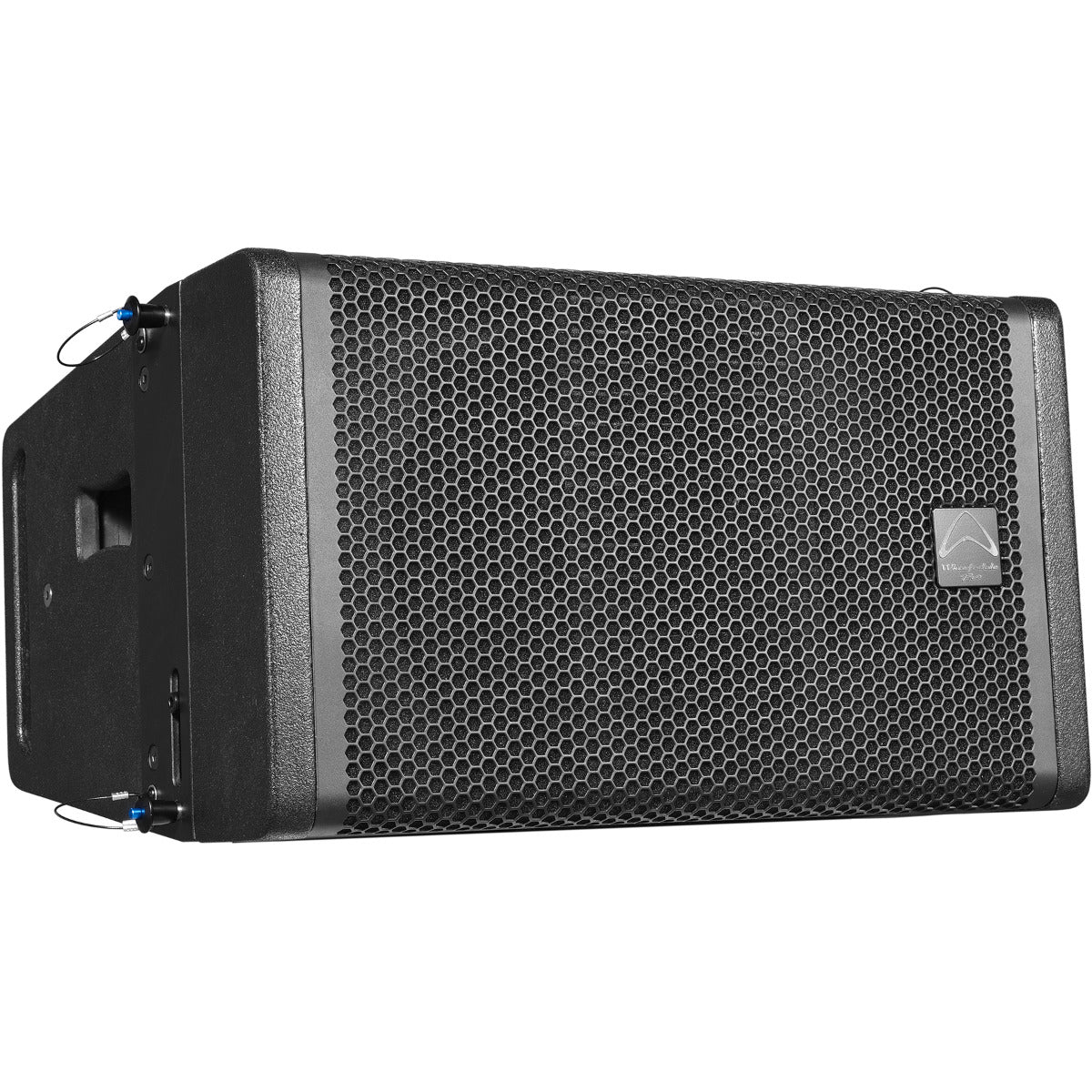 Black speaker with honeycomb pattern on a white background