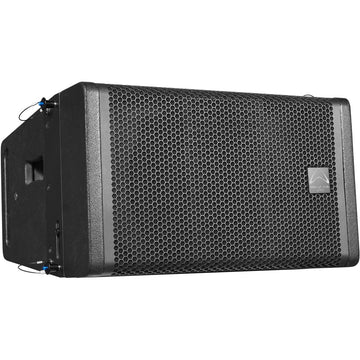 Black speaker with honeycomb pattern on a white background