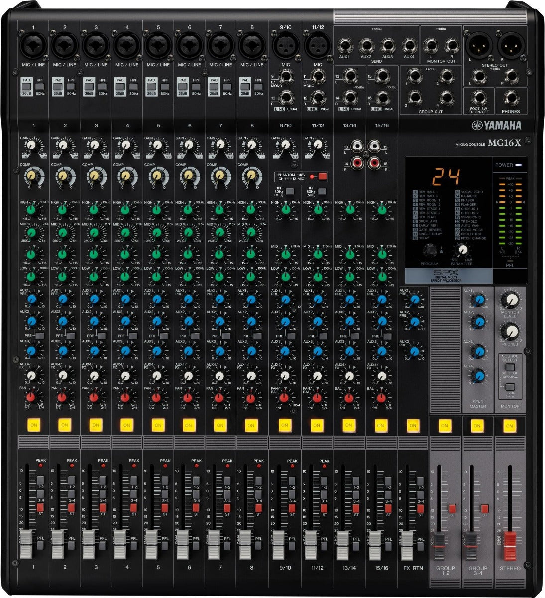 Yamaha MG16X audio mixer with various controls and display on a black background