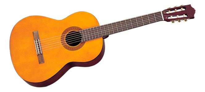 Acoustic guitar with a wooden body and dark brown neck on a white background