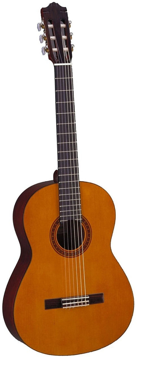 Classical guitar with a brown body and black neck on a white background