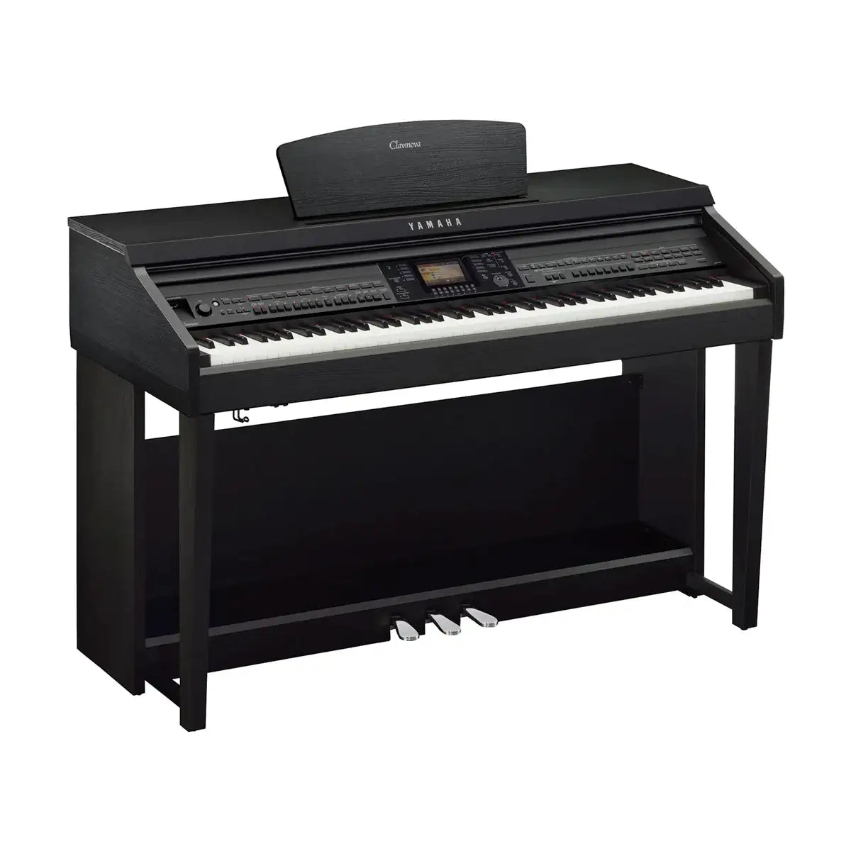 Black Yamaha digital piano on a white background