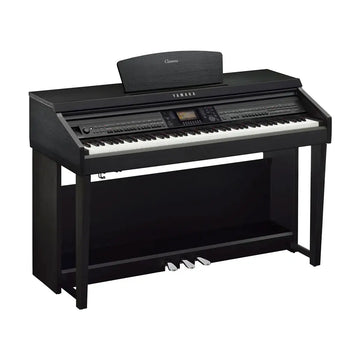 Black Yamaha digital piano on a white background