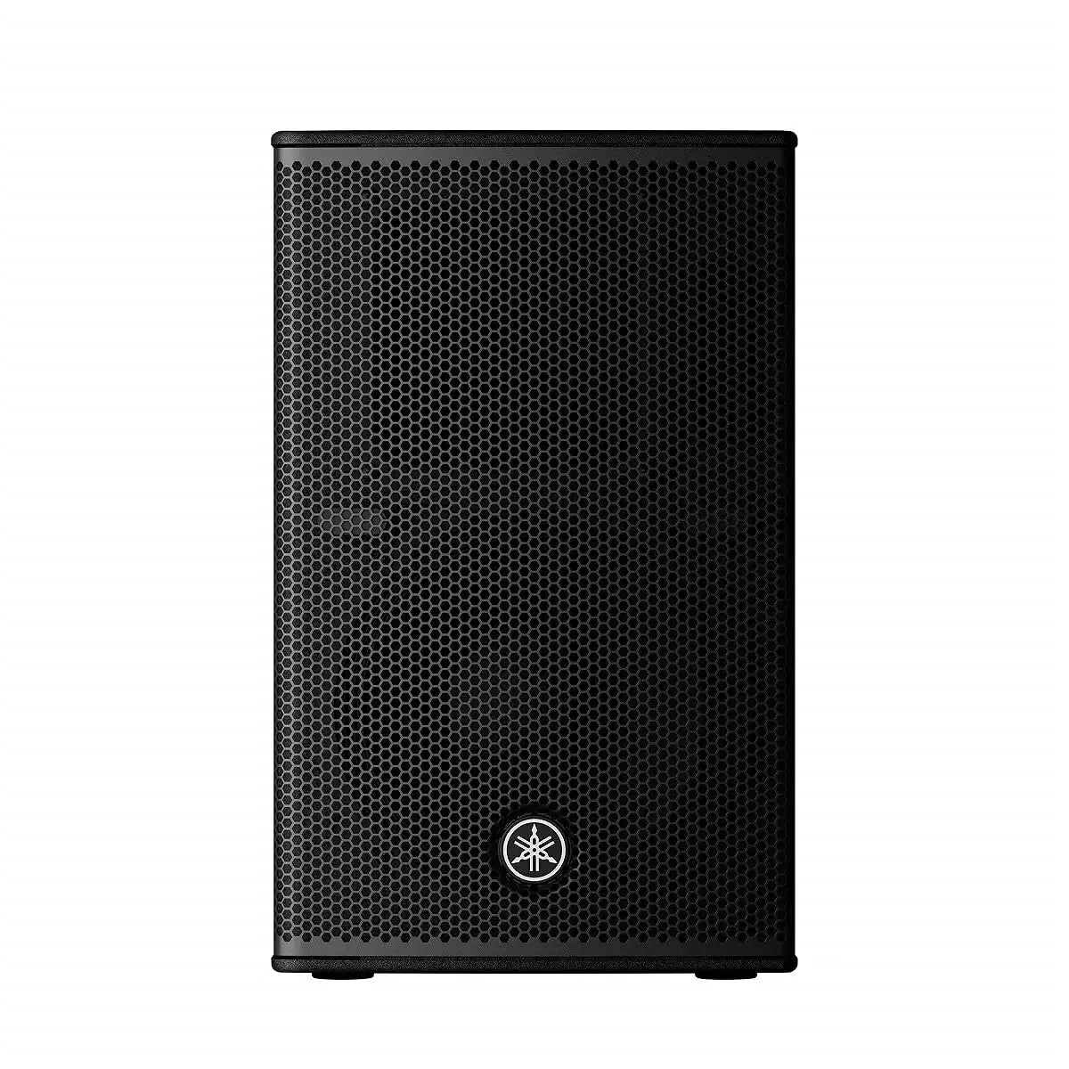 Black speaker with a brand logo on a white background