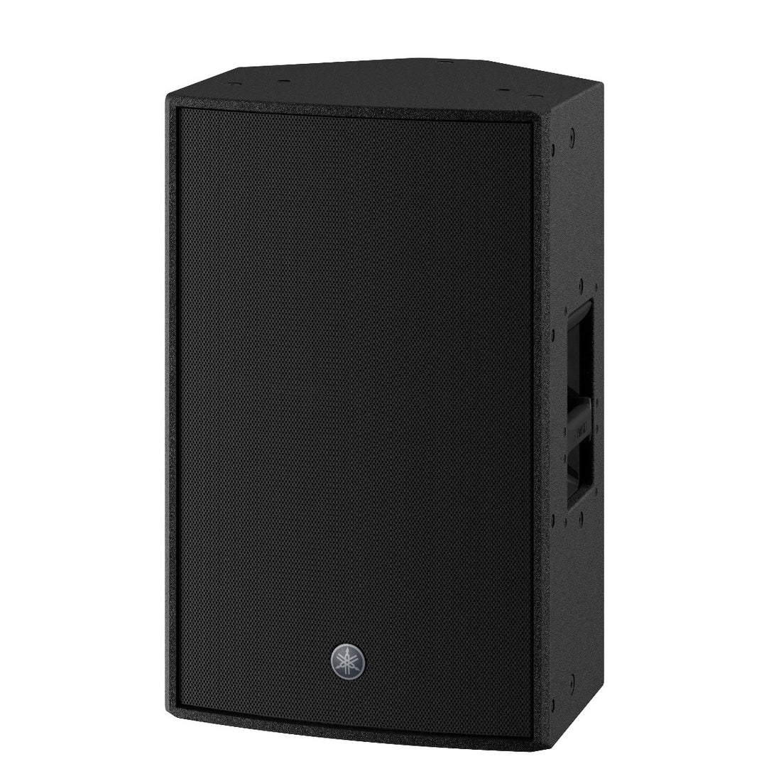Black speaker with a brand logo on a white background