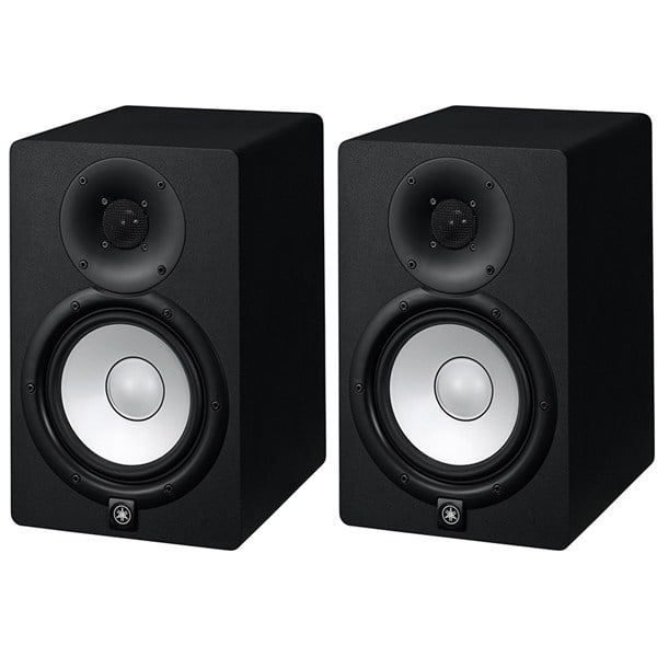 Pair of black studio monitors on a white background