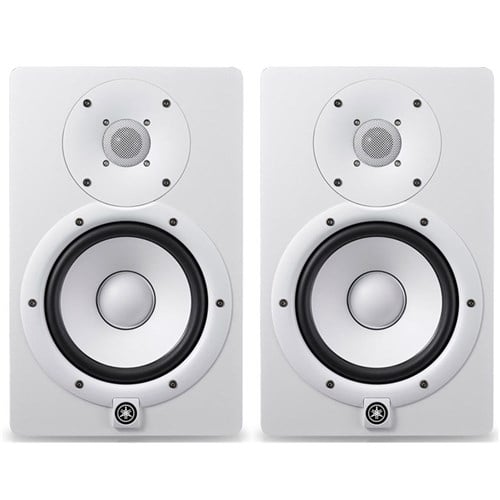 Pair of white speakers with visible Yamaha logo on a white background