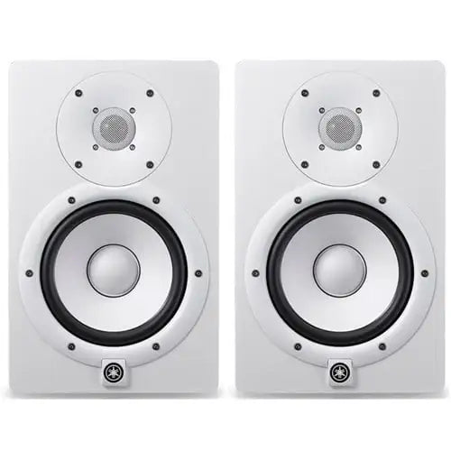 Pair of white speakers with visible Yamaha logo on a white background