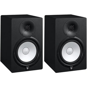 Pair of black studio monitors on a white background