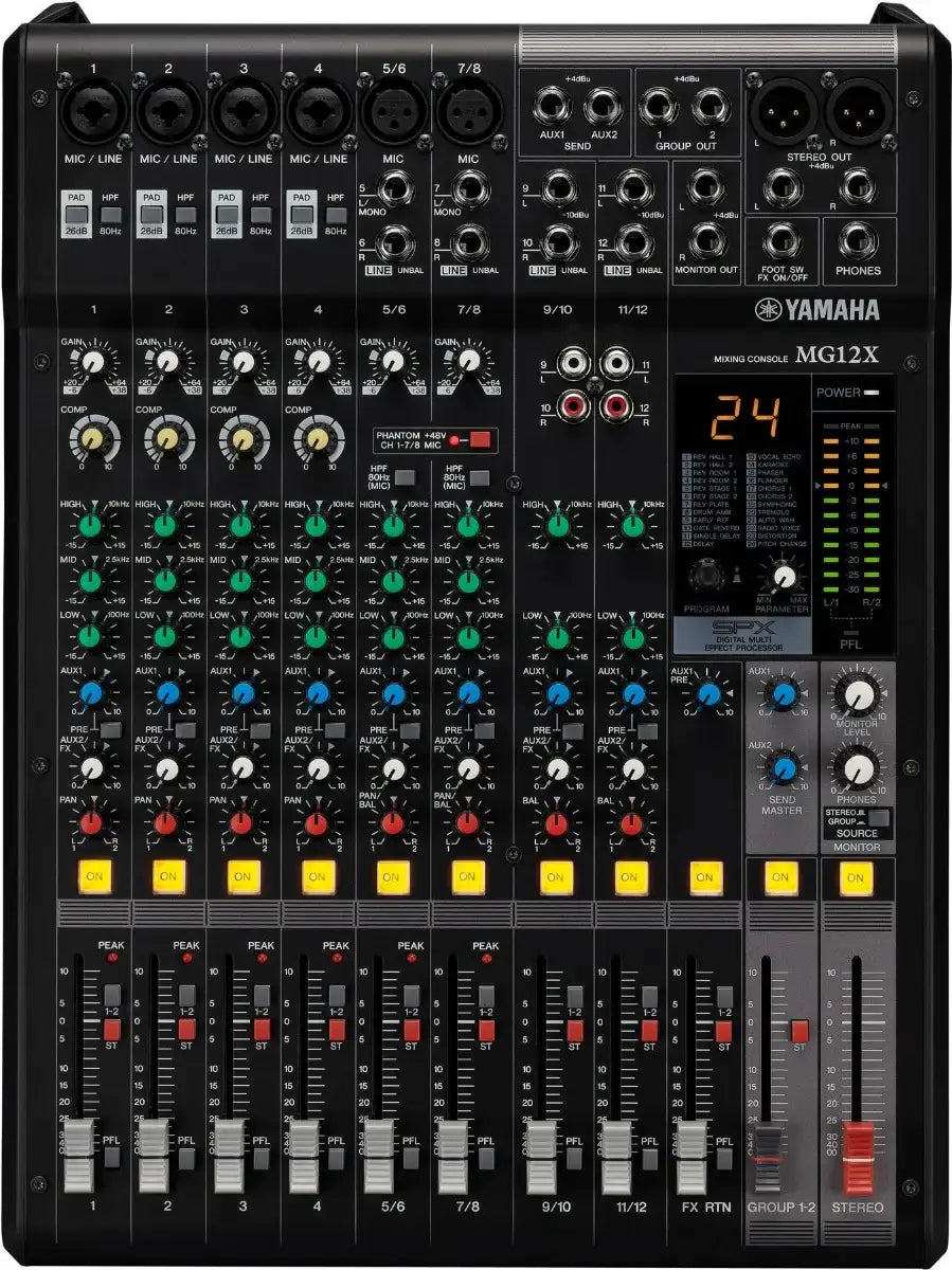 Yamaha MG12X audio mixer with various controls and display on a black background
