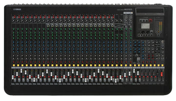 Yamaha audio mixing console with control knobs and display on a black background