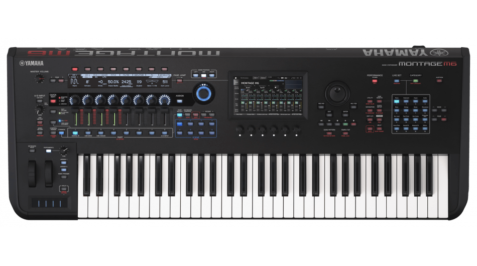 Yamaha Montage 8 synthesizer keyboard on a green background