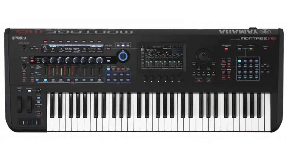 Yamaha Montage 8 synthesizer keyboard on a green background
