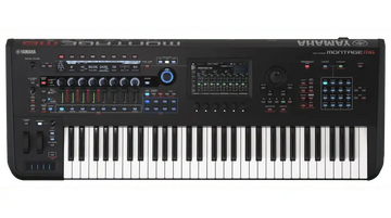 Yamaha Montage 8 synthesizer keyboard on a green background