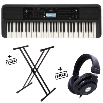 Yamaha keyboard with free stand and headphones on a white background