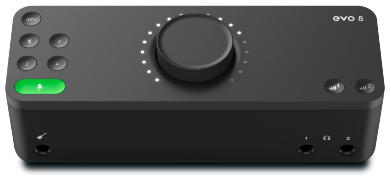 Black audio interface with control knobs and ports on a white background