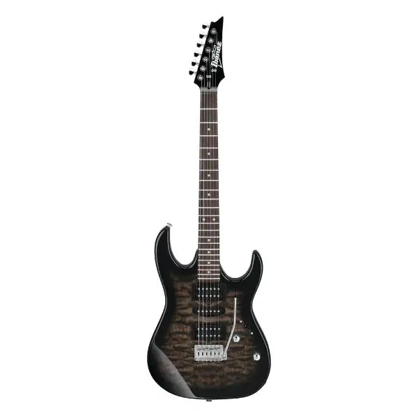 Black electric guitar on a white background