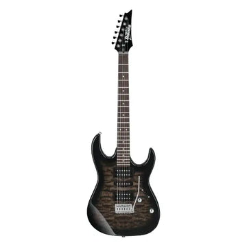 Black electric guitar on a white background