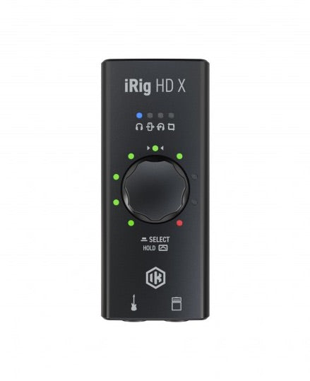 Black iRig HD X audio interface with green indicator lights on a white background