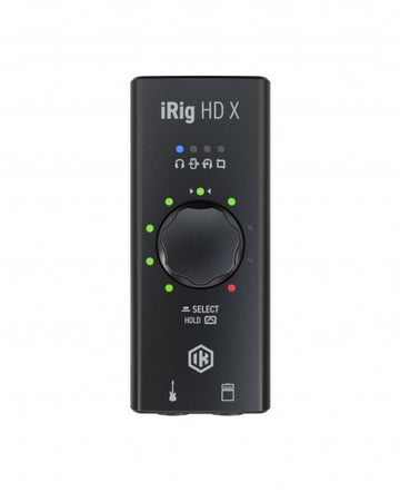Black iRig HD X audio interface with green indicator lights on a white background