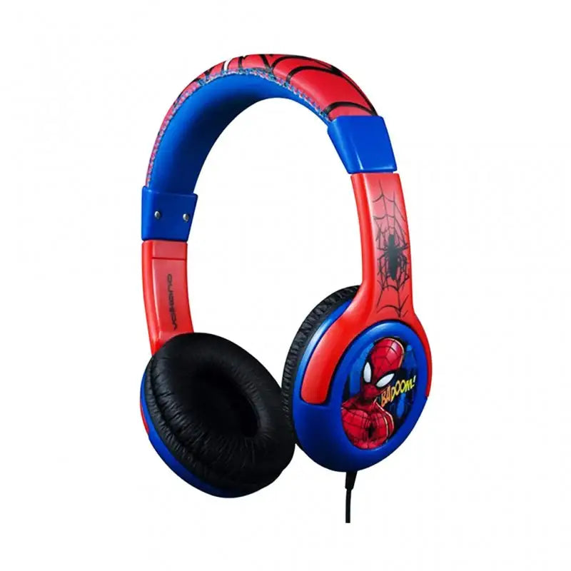 Spider-Man themed headphones on a white background