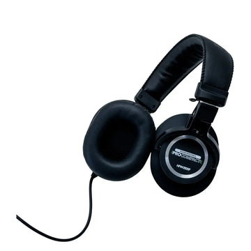 Black headphones with a visible brand logo on a white background