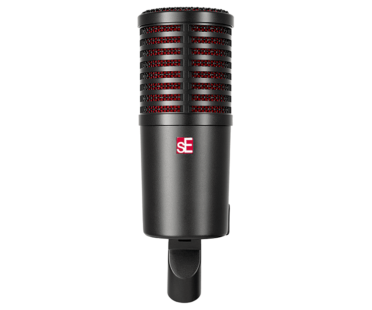 Black microphone with red accents on a white background