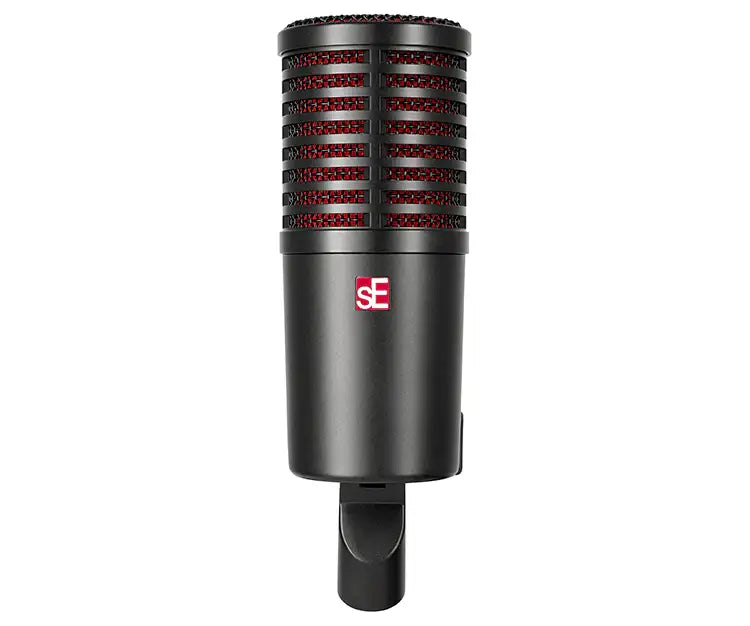 Black microphone with red accents on a white background