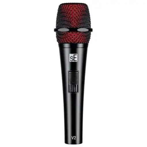 Black microphone with red mesh on a white background