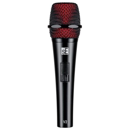 Black microphone with red mesh on a white background