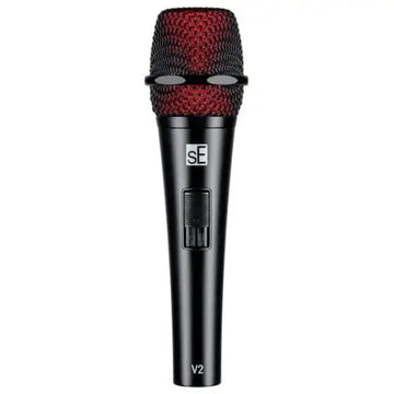 Black microphone with red mesh on a white background