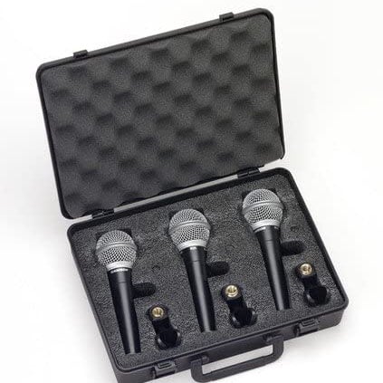 Set of three microphones in a black carrying case on a white background